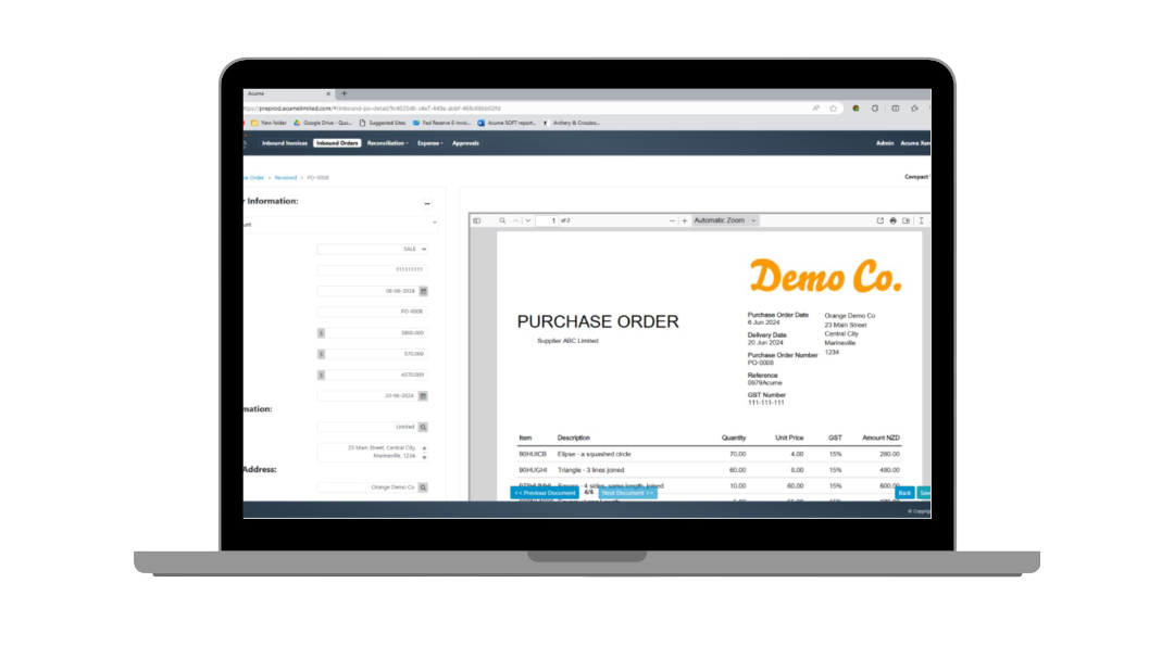Purchase order frame
